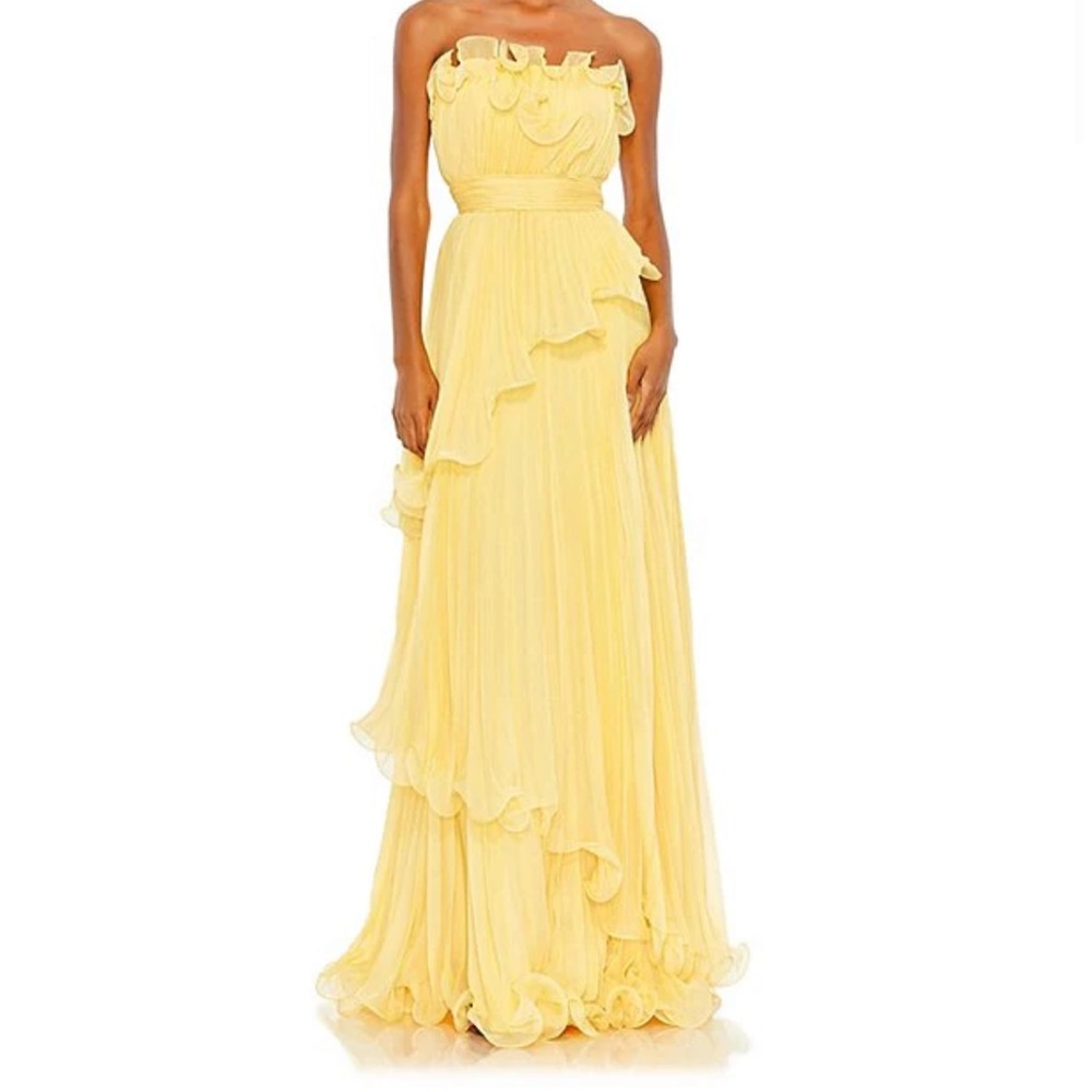 MAC DUGGAL pleated tiered yellow dress